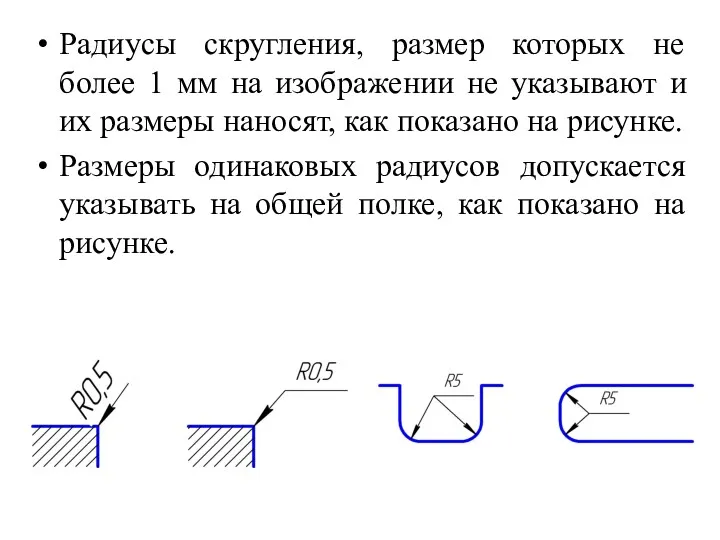 Радиусы скругления, размер которых не более 1 мм на изображении