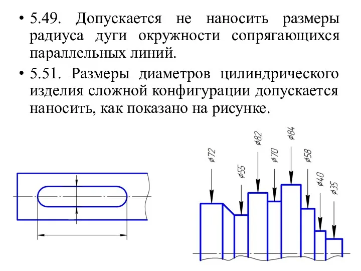 5.49. Допускается не наносить размеры радиуса дуги окружности сопрягающихся параллельных