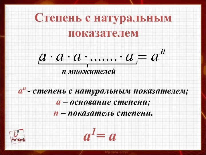 n множителей a1= a Степень с натуральным показателем аn -