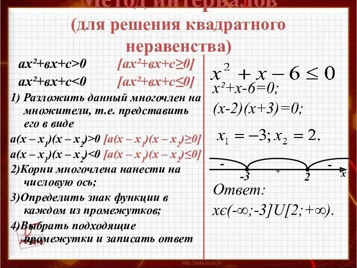 Метод интервалов (для решения квадратного неравенства) ах²+вх+с>0 [ах²+вх+с≥0] ах²+вх+с 1)