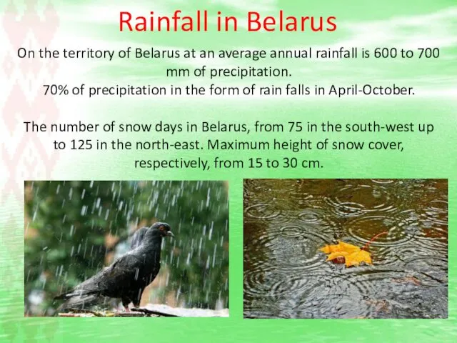Rainfall in Belarus On the territory of Belarus at an