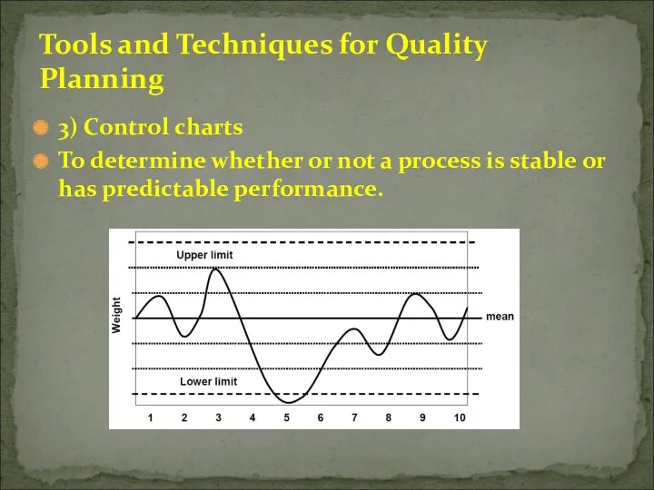 3) Control charts To determine whether or not a process is stable or