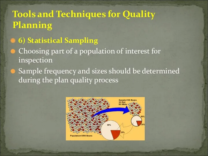 6) Statistical Sampling Choosing part of a population of interest for inspection Sample