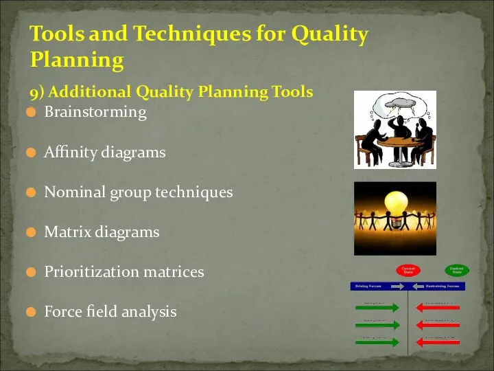 9) Additional Quality Planning Tools Brainstorming Affinity diagrams Nominal group techniques Matrix diagrams