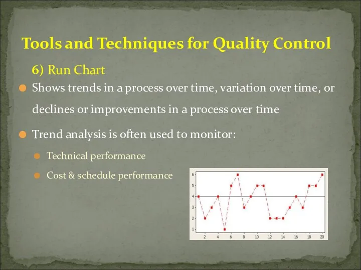 6) Run Chart Shows trends in a process over time,