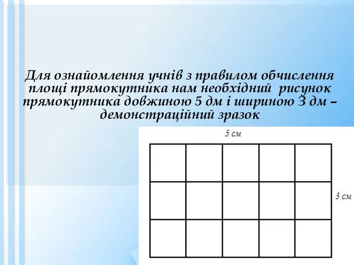 Для ознайомлення учнів з правилом обчислення площі прямокутника нам необхідний