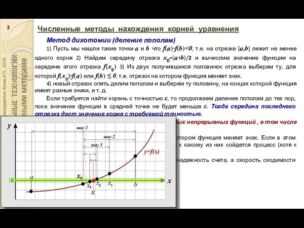 Численные методы нахождения корней уравнения Метод дихотомии (деление пополам) 1)
