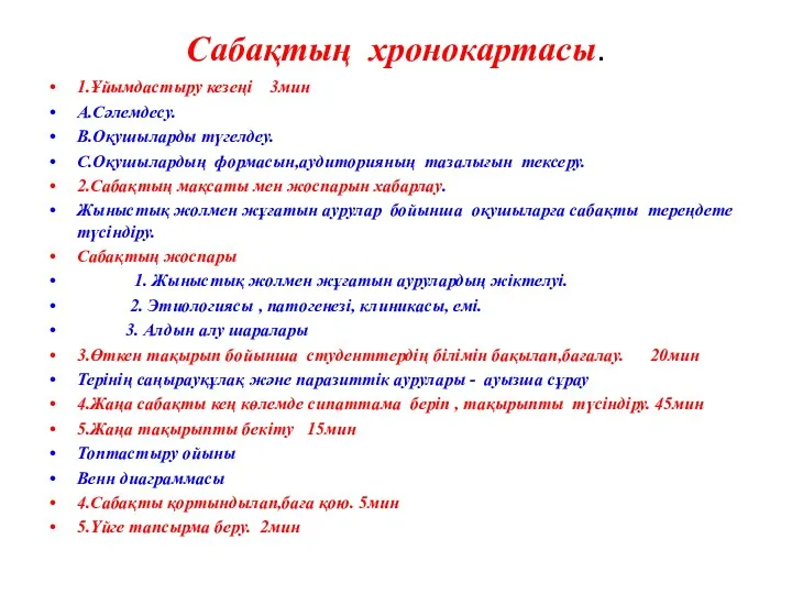 Сабақтың хронокартасы. 1.Ұйымдастыру кезеңі 3мин А.Сәлемдесу. В.Оқушыларды түгелдеу. С.Оқушылардың формасын,аудиторияның