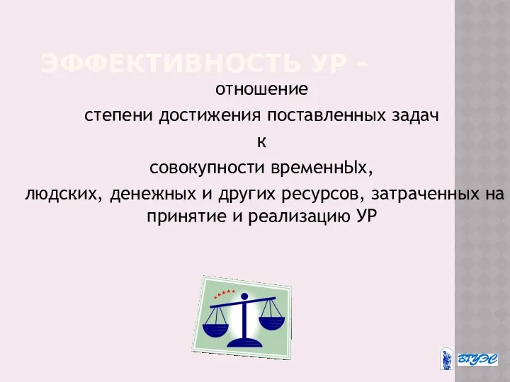 ЭФФЕКТИВНОСТЬ УР - отношение степени достижения поставленных задач к совокупности