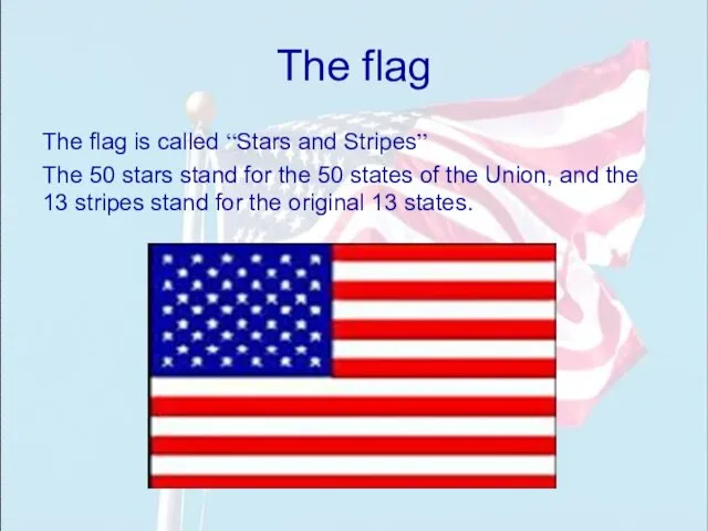 The flag The flag is called “Stars and Stripes” The