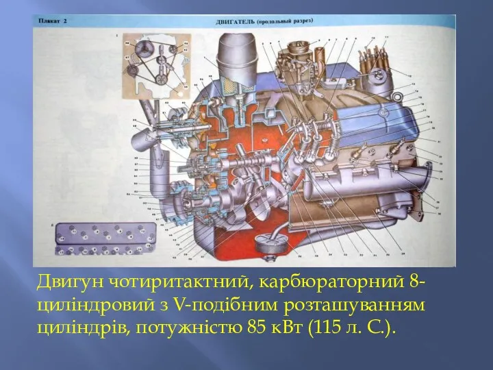 Двигун чотиритактний, карбюраторний 8-циліндровий з V-подібним розташуванням циліндрів, потужністю 85 кВт (115 л. С.).