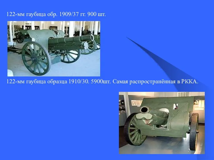 122-мм гаубица обр. 1909/37 гг. 900 шт. 122-мм гаубица образца 1910/30. 5900шт. Самая распространённая в РККА.