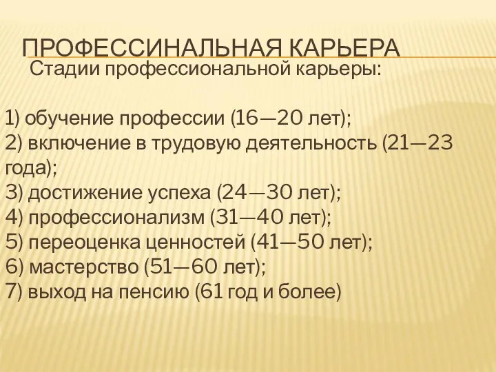 Стадии профессиональной карьеры: 1) обучение профессии (16—20 лет); 2) включение