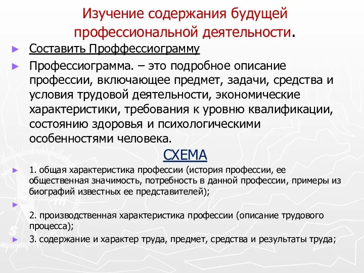 Изучение содержания будущей профессиональной деятельности. Составить Проффессиограмму Профессиограмма. – это