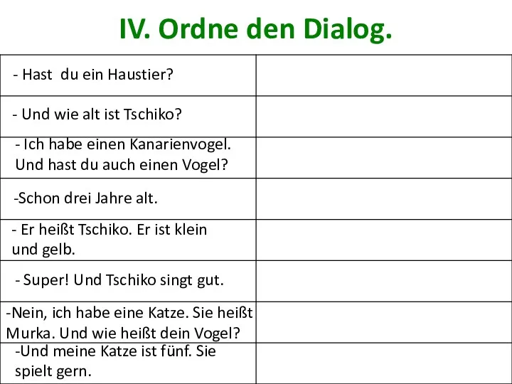 IV. Ordne den Dialog. - Hast du ein Haustier? -