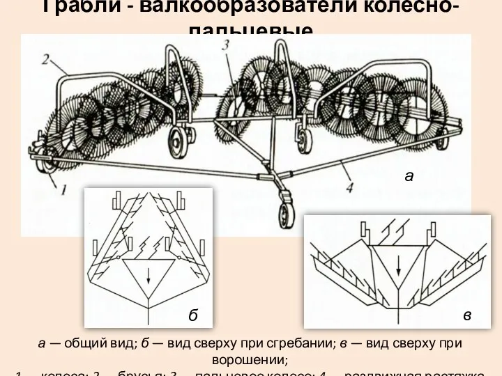 Грабли - валкообразователи колесно-пальцевые а — общий вид; б — вид сверху при