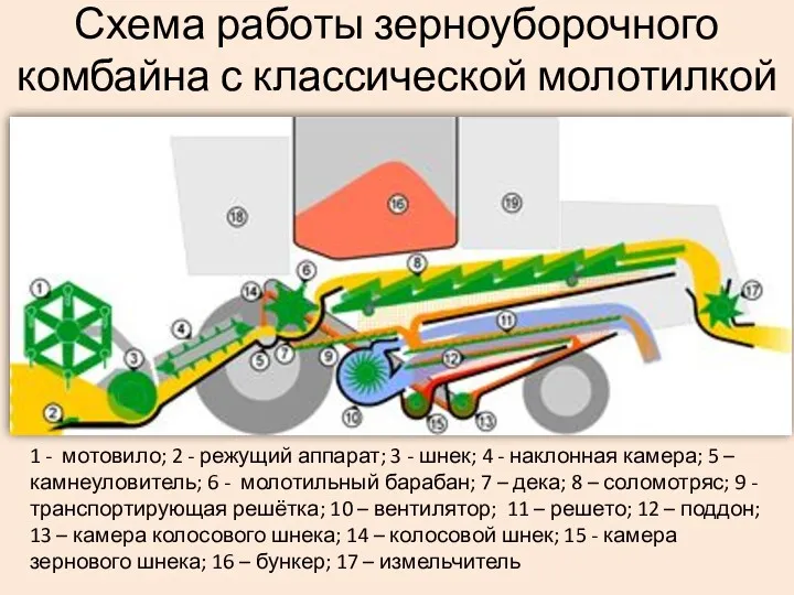 Схема работы зерноуборочного комбайна с классической молотилкой 1 - мотовило; 2 - режущий