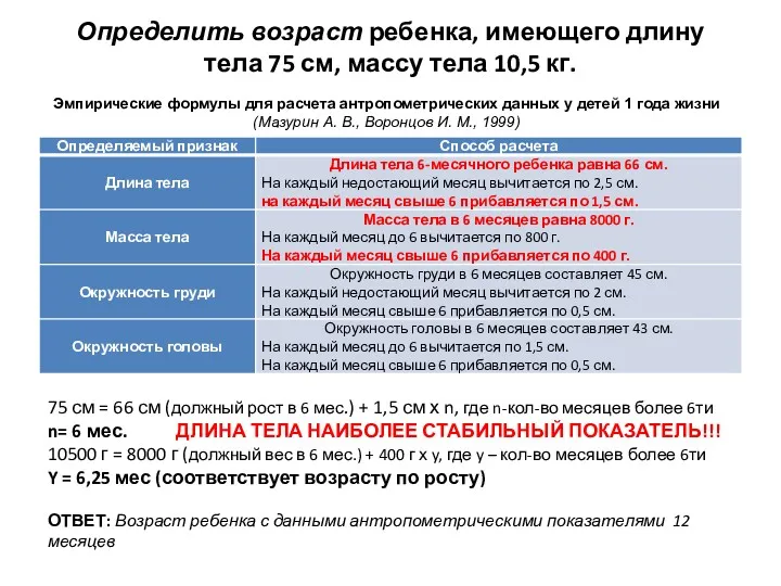 Определить возраст ребенка, имеющего длину тела 75 см, массу тела 10,5 кг. Эмпирические