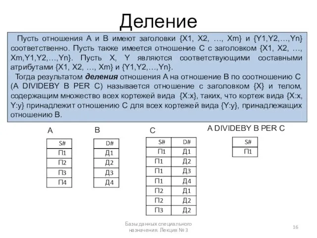 Деление Базы данных специального назначения. Лекция № 3 Пусть отношения