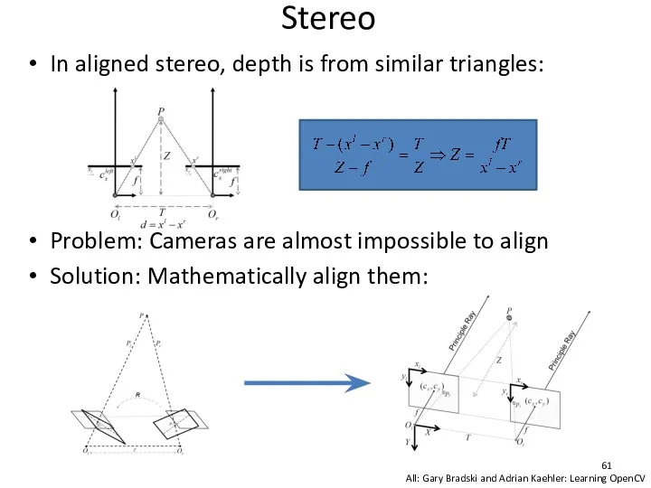 Stereo In aligned stereo, depth is from similar triangles: Problem: