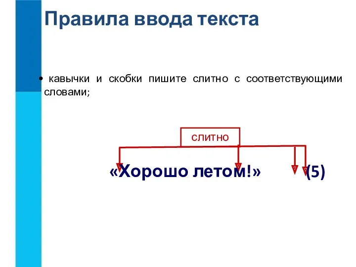 Правила ввода текста слитно «Хорошо летом!» (5) кавычки и скобки пишите слитно с соответствующими словами;