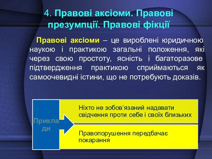 4. Правові аксіоми. Правові презумпції. Правові фікції Правові аксіоми –