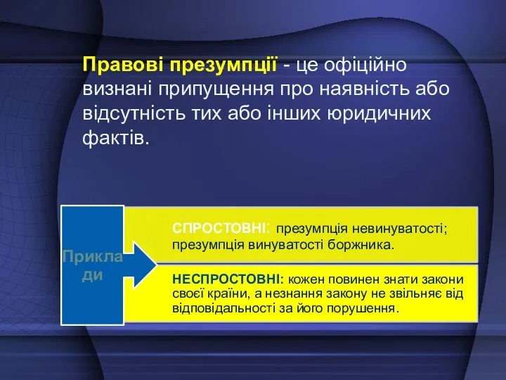 Правові презумпції - це офіційно визнані припущення про наявність або відсутність тих або інших юридичних фактів.