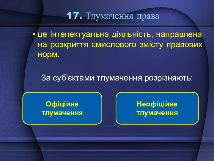 17. Тлумачення права це інтелектуальна діяльність, направлена на розкриття смислового