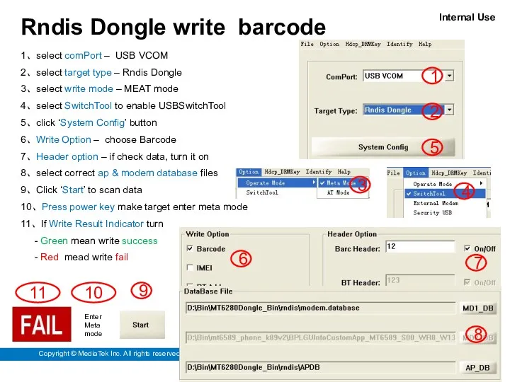 1、select comPort – USB VCOM 2、select target type – Rndis Dongle 3、select write