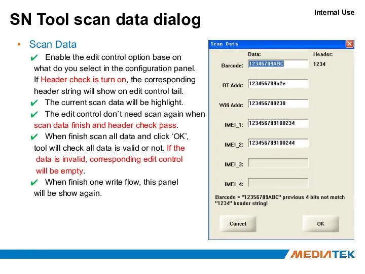 SN Tool scan data dialog Scan Data Enable the edit control option base