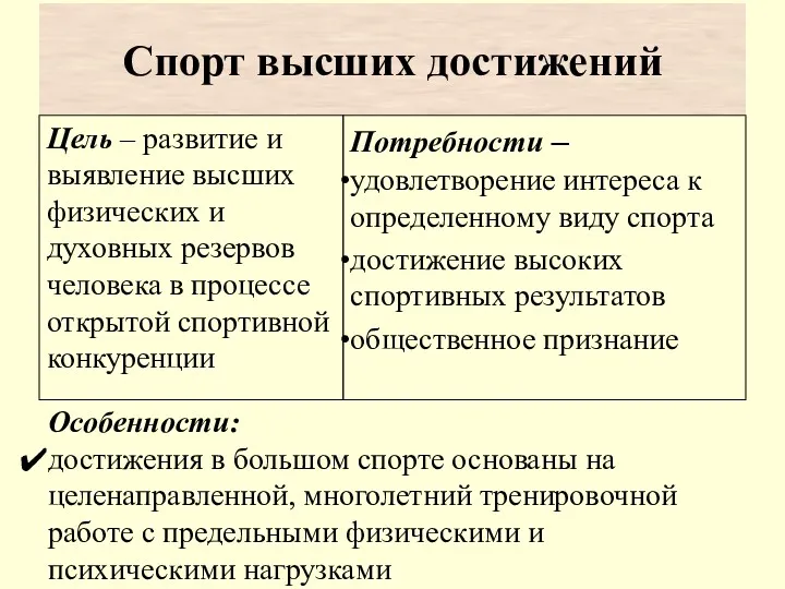 Особенности: достижения в большом спорте основаны на целенаправленной, многолетний тренировочной работе с предельными