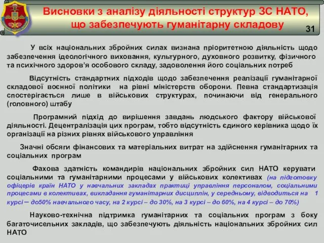 Висновки з аналізу діяльності структур ЗС НАТО, що забезпечують гуманітарну