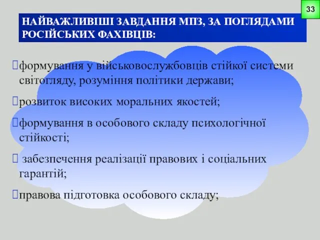 НАЙВАЖЛИВІШІ ЗАВДАННЯ МПЗ, ЗА ПОГЛЯДАМИ РОСІЙСЬКИХ ФАХІВЦІВ: формування у військовослужбовців