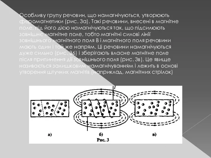 Особливу групу речовин, що намагнічуються, утворюють феромагнетики (рис. 3а). Такі