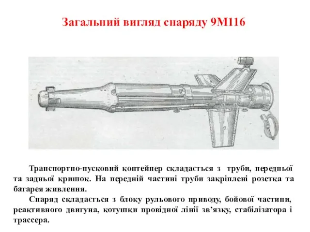 Загальний вигляд снаряду 9М116 Транспортно-пусковий контейнер складається з труби, передньої