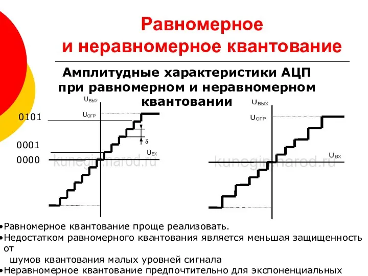 Равномерное и неравномерное квантование Равномерное квантование проще реализовать. Недостатком равномерного