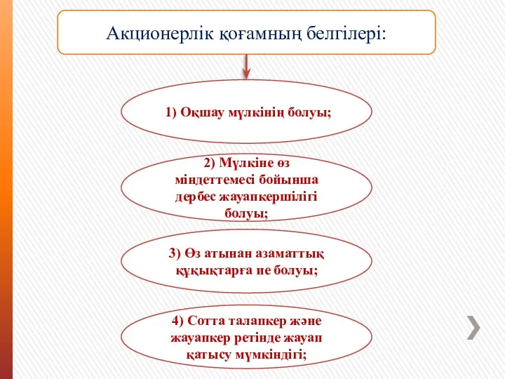 Акционерлік қоғамның белгілері: 1) Оқшау мүлкінің болуы; 2) Мүлкіне өз