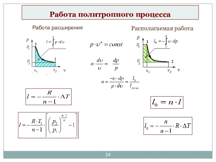 Работа политропного процесса Работа расширения Располагаемая работа