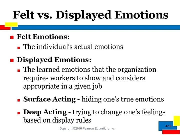 Felt vs. Displayed Emotions Felt Emotions: The individual’s actual emotions