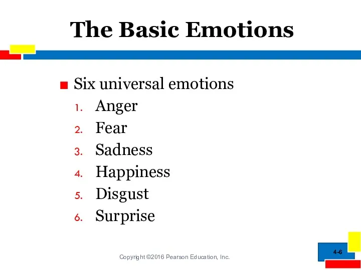 The Basic Emotions Six universal emotions Anger Fear Sadness Happiness Disgust Surprise 4-