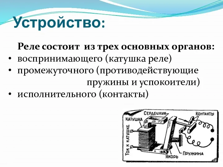 Реле состоит из трех основных органов: воспринимающего (катушка реле) промежуточного