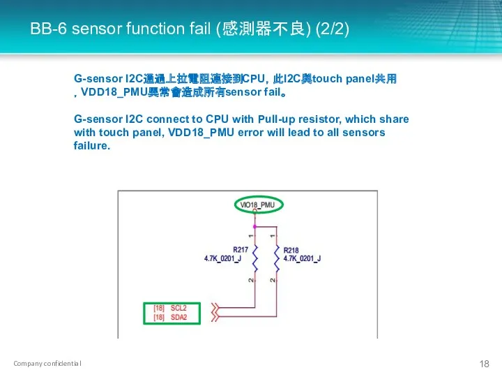 BB-6 sensor function fail (感測器不良) (2/2) G-sensor I2C通過上拉電阻連接到CPU，此I2C與touch panel共用，VDD18_PMU異常會造成所有sensor fail。