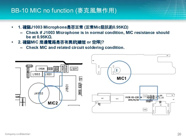 BB-10 MIC no function (麥克風無作用) 1. 確認J1003 Microphone是否正常 (正常Mic阻抗約0.95KΩ) Check