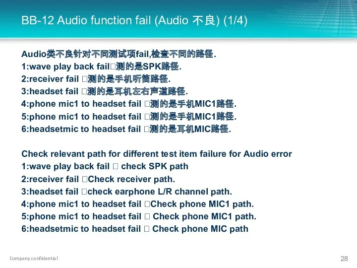 BB-12 Audio function fail (Audio 不良) (1/4) Audio类不良针对不同测试项fail,检查不同的路径. 1:wave play