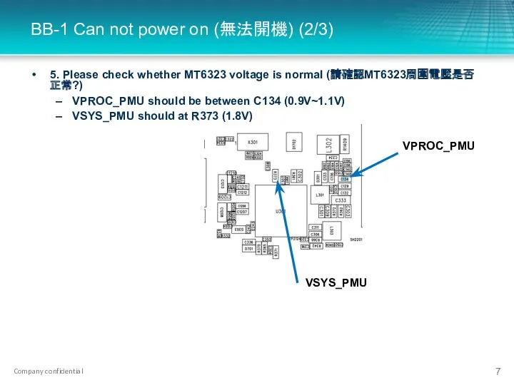 5. Please check whether MT6323 voltage is normal (請確認MT6323周圍電壓是否正常?) VPROC_PMU