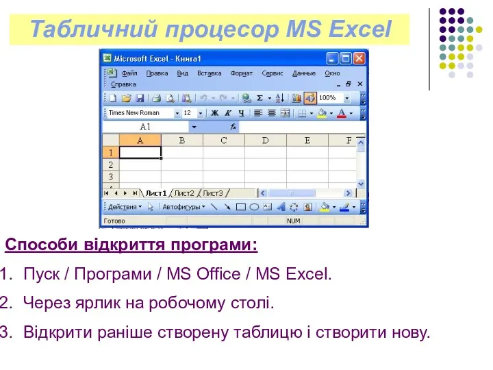 Табличний процесор MS Excel Способи відкриття програми: Пуск / Програми