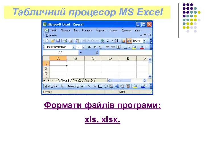 Табличний процесор MS Excel Формати файлів програми: xls, xlsx.