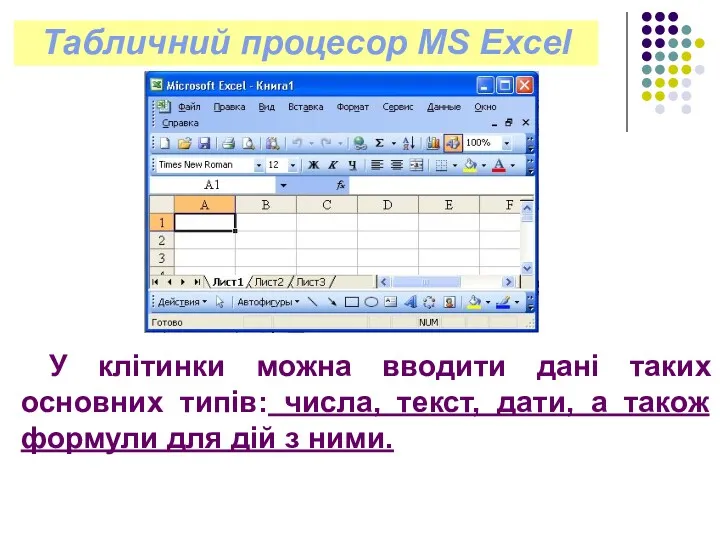 Табличний процесор MS Excel У клітинки можна вводити дані таких