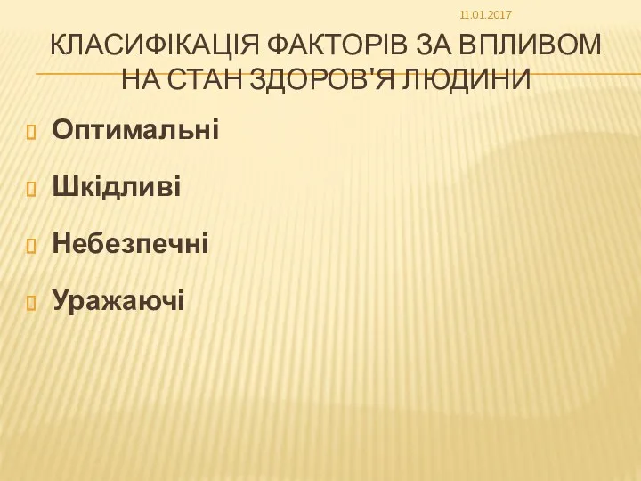 КЛАСИФІКАЦІЯ ФАКТОРІВ ЗА ВПЛИВОМ НА СТАН ЗДОРОВ'Я ЛЮДИНИ Оптимальні Шкідливі Небезпечні Уражаючі 11.01.2017