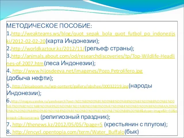 МЕТОДИЧЕСКОЕ ПОСОБИЕ: 1.http://weakteams.ws/blog/quot_sepak_bola_quot_futbol_po_indonezijski/2012-02-02-20(карта Индонезии); 2.http://worldkaztour.kz/2012/11/(рельеф страны); 3.http://animals.about.com/od/researchdiscoveries/tp/Top-Wildlife-Headlines-of-2007.htm(леса Индонезии); 4. http://www.hijosdeeva.net/imagenes/Pozo.Petrolifero.jpg